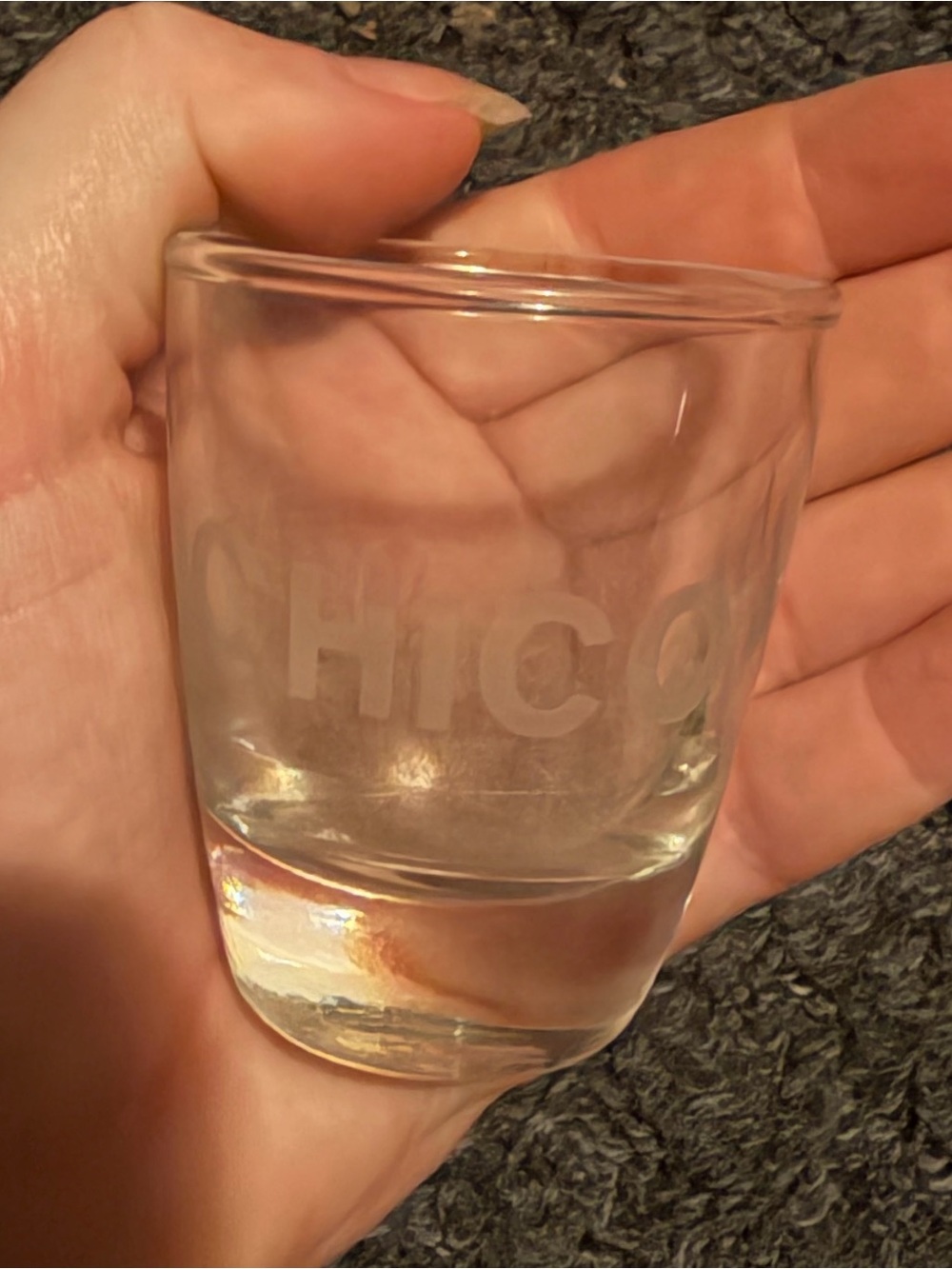 Etched Chico writing shot glass